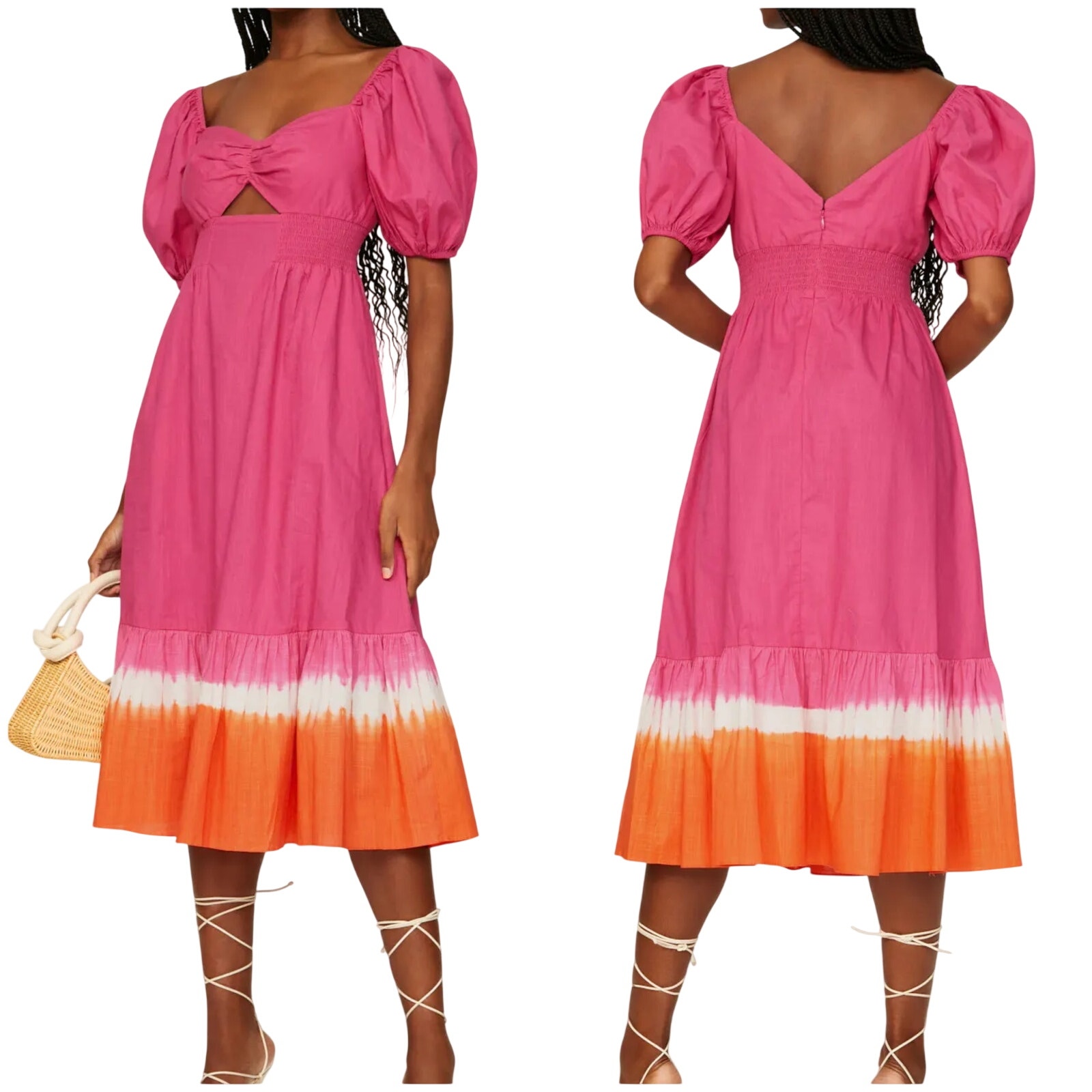 Sachin & Babi Nwt Bri Smocked Midi Dress Size 2 Fuchsia Cutout Tie-Dye Pockets